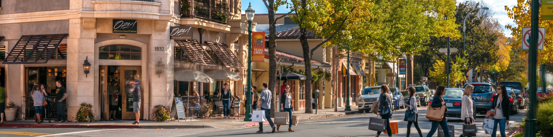 Downtown Walnut Creek street scene with shoppers and storefronts